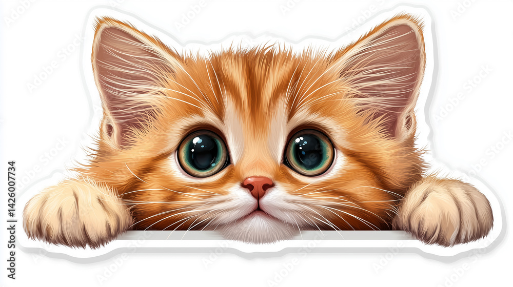 Adorable Kitten Sticker – Fluffy Orange Tabby Cat with Big Round Eyes ...