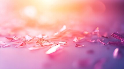 Fototapete - Frontal macro shot showcases holographic glass shards arranged on a soft white surface, reflecting vibrant pink and purple hues for an abstract and trendy effect