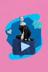 Poster - Banner trend collage of person watch look sit video play picture with textbox like on pink background