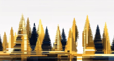 gold trees digital glitch pixel abstract pattern art design on plain white background illustration