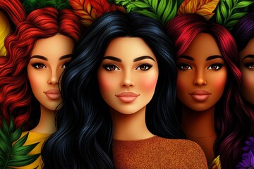 Poster - A colorful, flat illustration of women in a crowd, with happy faces, in a hand-drawn style with simple lines and shapes, warm colors, full-body portraits, a wide-angle lens, portrait photography,
