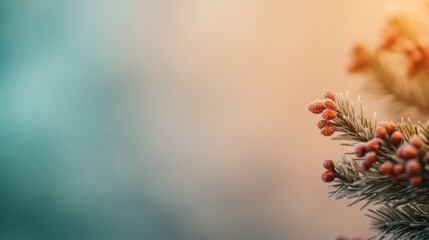 Poster - frontal view of a golden pine branch adorned with tiny red ornaments and frosted tips, showcasing a 