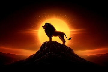 Fototapete - A majestic lion stands atop a mountain, overlooking its kingdom under the setting sun. This vector illustration features a flat design style with a focus on bold lines and shapes, using earthy