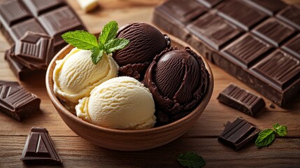 Aufkleber - Savor the rich flavors of creamy chocolate and vanilla gelato in a wooden bowl, beautifully garnished with fresh mint against a rustic background