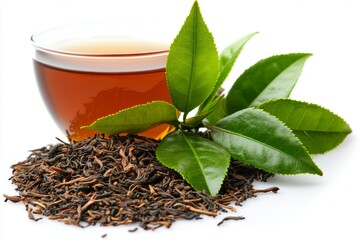 Poster - A pile of rooibos tea leaves and broken robetheis leafs on white background, high resolution photo, high quality, professional photograph, highly detailed, no contrast, clean sharp focus