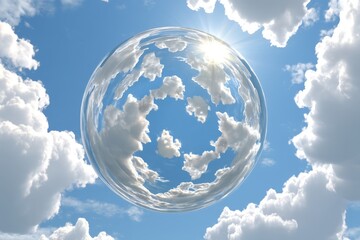 Poster - Reflective bubble floating in a vibrant blue sky filled with fluffy white clouds during bright sunlight