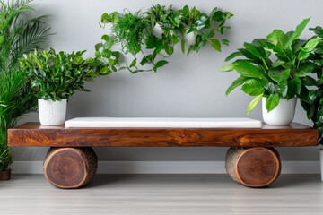 Poster - A simple wooden bench with round log legs and white cushions, placed in front of the wall. The background is a light-colored solid surface with some plants on it, creating an atmosphere of tranquility