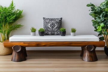 Poster - A simple wooden bench with round log legs and white cushions, placed in front of the wall. The background is a light-colored solid surface with some plants on it, creating an atmosphere of tranquility