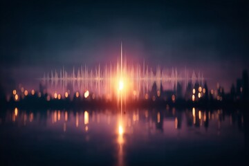 Poster - Sunset reflection over the water with sound wave patterns illustrating the tranquil evening ambiance