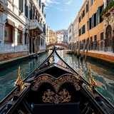 A luxurious black gondola glides through a picturesque Venetian canal showcasing ornate details and charming historic buildings under a bright sunny sky.
