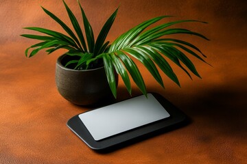 Poster - A white, blank credit card on a light peach background with green leaves and geometric patterns