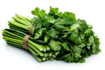 Poster - Cilantro design with green leaves, flat lay isolated on a white background. High-quality photo of fresh coriander leaves or basil leaves for cooking. Flat lay isolated on a white background.