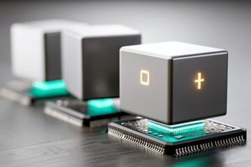 Aufkleber - Innovative technology cubes with glowing symbols on circuit boards in a modern workspace setting