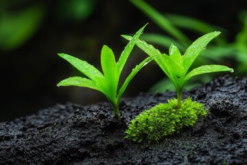 Poster - Close-up of small green plants growing on wet black soil, with some patches covered in moss. The ground is rough and textured, and the light source appears to be from above or the left side.