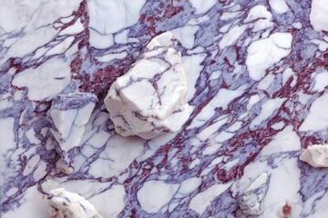 Poster - Stunning marble texture featuring purple and white veins with rough stone fragments scattered across the surface