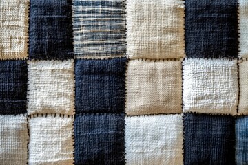 Poster - Hand-stitched patchwork textile featuring blue, white, and tan squares, showcasing unique fabric textures and patterns