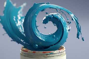 Aufkleber - Vibrant blue paint swirling dynamically from a jar against a soft gray background