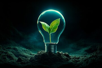 Poster - Light bulb with a green plant growing inside on a soil background, a sustainable energy concept. Close-up shot, 4K resolution, ultra-realistic, high detail