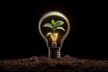 Poster - Light bulb with a green plant growing inside on a soil background, a sustainable energy concept. Close-up shot, 4K resolution, ultra-realistic, high detail