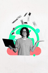 Poster - Pop image collage of person demonstrate flying usd money use gadget on pastel color background