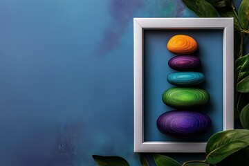 Poster - Photo of a white frame mockup next to colorful wooden toys on a light blue background