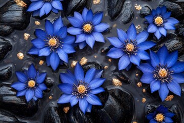 Poster - Blue water lilies scattered on dark stones with golden accents in a tranquil setting