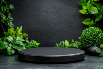 Poster - Sleek podium with tropical plants on a dark gray background, a minimalist design for product display or presentation