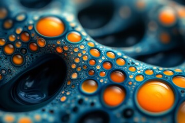 Leinwandbilder - Colorful bubbles floating on a textured surface create an abstract visual display with vibrant orange and deep blue tones