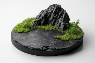 Poster - White background, podium with grass and rocks for product presentation. Mockup template of empty space round stone platform for displaying cosmetic products in a natural environment. Realistic