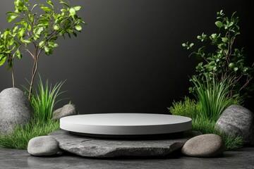 Poster - White background, podium with grass and rocks for product presentation. Mockup template of empty space round stone platform for displaying cosmetic products in a natural environment. Realistic