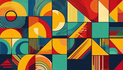 Poster - Abstract Geometric Pattern Swirling Circles, Sharp Triangles, and Square Lines in a Vibrant Vector Artwork Stirring Sensations of Complexity and Dynamism.