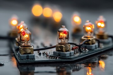 Poster - Glistening vintage bulbs illuminate a circuit board in a close-up view during evening hours
