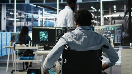 Poster - server hub programmer with paraplegia in wheelchair uses ai machine learning node tree software. man