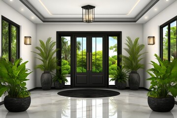 Wall Mural - a 2D cartoon illustration of a modern art gallery interior, minimalist and bright, white background