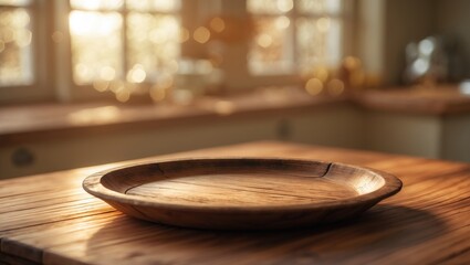 Poster - Empty wooden plate on a wood table with a soft blurry background for branding and copy space in vintage style