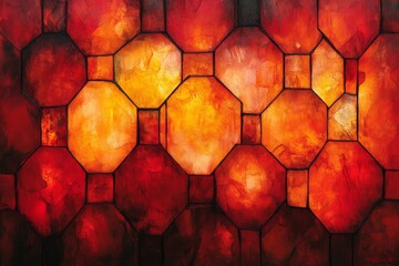 Poster - Colorful geometric abstract art with warm tones and intricate patterns showcased in a modern setting