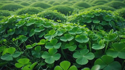 Poster - Lush green clover lawn with natural growth and vibrant blossoms