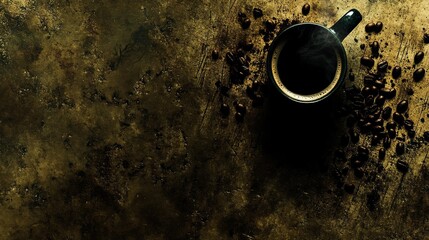 Poster - A close-up view of a steaming cup of coffee on a rustic wooden table, accented by scattered coffee beans, creating a cozy atmosphere perfect for relaxation