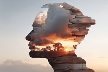 Poster - Creative depiction of a person's silhouette merging with a sunset landscape in a serene setting