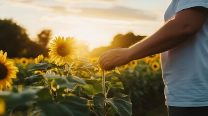 Poster - A serene woman stands in a lively flower field, softly touching a sunflower as warm sunlight filters through. The atmosphere reflects tranquility and beauty