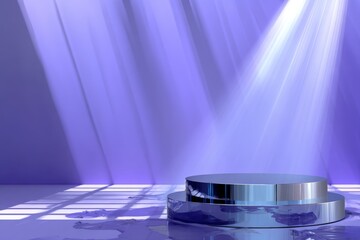 Aufkleber - Spotlight shines on a polished stage in a modern setting with purple hues and reflective surfaces