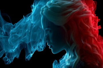Poster - Mystical figure surrounded by swirling blue and red smoke with a dramatic silhouette in an artistic setup
