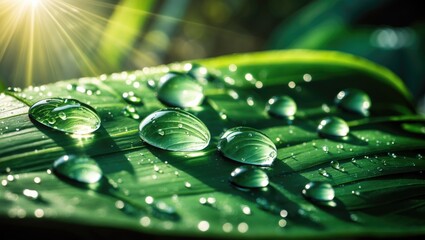 Wall Mural - close-up of dew droplets on vibrant green leaf illuminated by sunlight