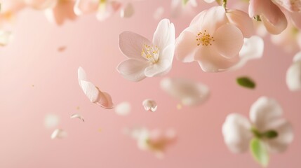 Poster - floating cherry blossom petals on a soft pink background create a serene and dreamy atmosphere in sp