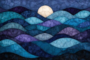 Poster - Vibrant waves under a full moon in a colorful abstract artwork showcasing deep blues and purples