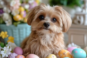 Aufkleber - Cute small dog surrounded by colorful Easter eggs in a cheerful spring setting with flowers
