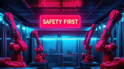 Poster - Futuristic Industrial Robotics with Neon Safety Sign in Modern Automated Factory Environment