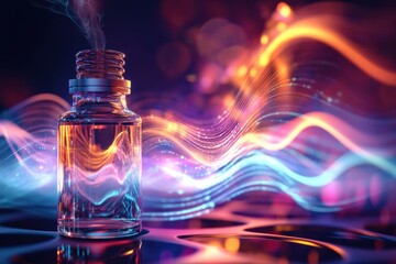 Poster - Colorful liquid in glass bottle releasing steam in a vibrant abstract setting at night