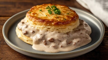 Poster - A close-up view of a flaky biscuit smothered in rich gravy, beautifully garnished with parsley, served on a rustic wooden table alongside a linen napkin