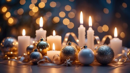 Poster - Cozy Evening Decor featuring candles, baubles, and ribbons against a magical bokeh backdrop